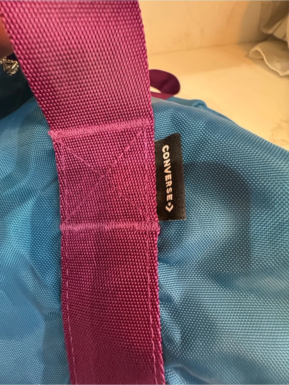 Just Don Blue Duffel with Purple Handles and Yellow Basketball Patch - converse